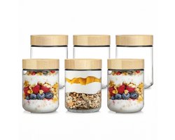 Dutchers.® Potjes van Glas - 6 Stuks - 480ml - Glazen Potjes met Deksel - Overnight Oats Beker - Muesli Beker - Hygiënisch - Lunchpot - Yoghurtbeker - Beker To Go - Milieuvriendelijk - Glas & Bamboe - Sterk Sluitsysteem - Ontbijt & Lunch - Luchtdicht