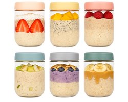 Dutchers.® Potjes van Glas - 6 Stuks - 480ml - Voorraadpotten - Glazen Potjes met Deksel - Overnight Oats - Muesli Beker - Hygiënisch - Lunchpot - Yoghurtbeker - Overnight Oats Beker - Sterk Sluitsysteem - Ontbijt & Lunch - Luchtdicht - Multicolor
