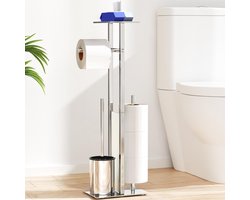 Dutchers® Roestvrijstalen toiletpapierhouder - Toilethouder Staand met WC-borstel - Toiletpapierhouder met plateau - Wc-rolhouder met wc-borstel - Staande wc-rolhouder - Met glazen plank (chroom)