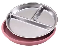 Dutchers.® RVS Bord met Zuignappen - Set van 2 Borden - RVS Bord Kind - Vaatwasser Bestendig - Kinderservies - Vakjesbord - RVS Kinderbord - Servies Voor Peuters - 100% BPA vrij - Bord Baby - Antislip - Kinderbord - Donkerroze & Blauw