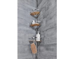 Dutchers.® Telescopisch Doucherek - RVS/Bamboe - Zonder boren - 3 Mandjes - Waterbestendig - Badkamer - Douchecabine