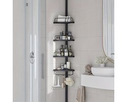 Dutchers® Telescopisch Doucherek - Zonder Boren - 4 mandjes - 3 Hangers - Hoek Doucheplank 4-Lagen – Verstelbaar 85-305 cm – Badkamer Organizer – Ruimtebesparend Hoekrek voor Douche & Badkamer - Zwart