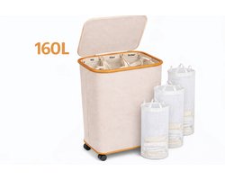 DutchHome Wasmand 3 Vakken 160L met Wielen en Deksel - Wassorteerder Beige