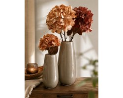DutZ glazen vazen set 27 en 38 cm - taupe - inclusief kunsthortensia's - luxe woondecoratie - WoonYard