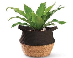 Duurzame Plantenmand van Zeegras en Katoen - 25 cm Diameter - Geschikt als Plantenbak of Opbergmand - Zwart