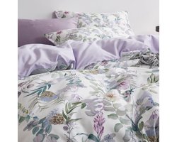 Duvet Cover met Bloemen, Watercolor Paarse Bedding Set, Groen Botanisch Patroon, 3 Stuks, 1 Dekbedovertrek + 2 Kussenslopen