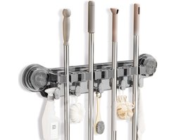 Dweilrek - Opbergrek - Bezemrek - Opberghaken - Gereedschapsopberger - Dweilorganizer - Wandrek - Rek met zuignap en perforatievrij - 3 clips en 4 haken - Geschikt voor thuis, garage, keuken, wasruimte, badkamer - Grijs