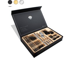 Dymund® Bestekset - 6 Persoons Bestek - (24-delig) - Glans Besteksets - Incl. Bestekbak - RVS - Zwart