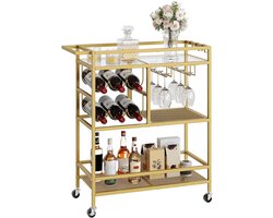 DYVNS® Drankkast - Wijnkast - Wijnrek - Barkast - Serveerwagen op Wielen - 3-Laags - Goud