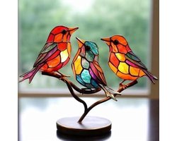 E-Ambar - Tafelornament met Gekleurde Vogels op Tak van Metaal en Acryl - Levendige Decoratie voor veelzijdig Display met 3 Vogels