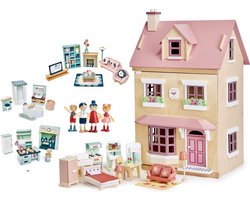 [E] Tender Leaf uniek houten poppenhuis Villa Foxtail XXL 3 verdiepingen inclusief houten poppen familie woonkamer keuken slaapkamer en badkamer meubels- 40 x 72 x 90 cm cm