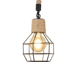 E27 Industriële Vintage Hanglamp-Hennep Touw-Metaal - 15CM- Zwart (lamp niet inbegrepen)