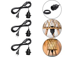 E27 lampfitting met netsnoer - Set van 3 - Inclusief 3 meter E27 lamp - Speciaal snoer voor E27 lampfitting - E27 lampfitting - Met schakelaar en stekker - Zwart