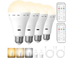E27 Led-lamp Oplaadbaar met Afstandsbediening - 4 stuks Slimme Lamp met Dimbare Functie en Timer - 3 Kleurtemperaturen (Warm/Naturel/Koud) - Noodverlichting voor Stroomuitval Binnen/Buiten