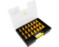 EASTWALL Stockbox – Sorteerdoos met uitneembare vakverdeling – Gereedschapskoffer - Uitstekend geschikt voor het sorteren van schroeven – Opbergdoos met 24 uitneembare vak verdelers – Kunststof – L45.5xB32xH8 cm – Zwart/Geel