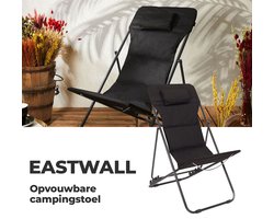 EASTWALL strandstoel – opvouwbare campingstoel – comfortabele visstoel – zwart metalen vouwstoel - L82xB56xH93cm – draagvermogen tot 110kg