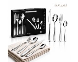 EasyMart Bestekset voor 6 Personen – 24-delig RVS Tafelbestek – Hoogglans Zilver – Vaatwasserbestendig – Messen, Vorken, Lepels & Theelepels