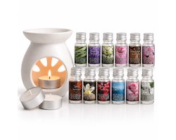 EasyMart Geurset met 12 Geuroliën – Keramische Aroma Diffuser & Oliebrander – Inclusief 2 Waxinelichtjes – Wellness Huisparfum Cadeauset voor Woonkamer, Badkamer, Slaapkamer & Spa
