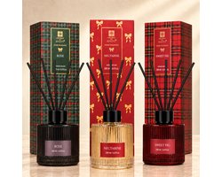 EasyMart Geurstokjes Set 3-Delig - Premium Huisparfum Diffuser Set - 3x 200ml Geurverspreider met Rotan Stokjes - Rose, Nectarine & Sweet Fig - Luxe Interieur Geur voor Woonkamer, Badkamer & Toilet