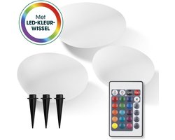 EASYmaxx LED-zonnelamp met afstandsbediening | 3 koudwitte lampen – stenen met zonne-energie & kleurwisseling | dimbare helderheidsniveaus, 12 kleuren & 5 verlichtingsmodi | inclusief grondpen & vochtigheidssensor