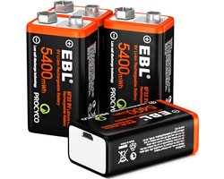 EBL 2-Pack Oplaadbare Batterijen 9 Volt - Rechargeable 5400 mWH 9V Batterij met 2in1 Oplaadkabel - Lithium Micro USB Batterijen