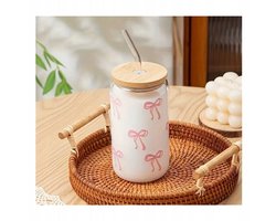 ECARLA SZK131 - Dubbelwandig Glas - Transparant met Roze Strikjes - 500ml - Incl. Bamboe Deksel & Rietje