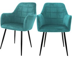 ECD Germany Set van 2 Eetkamerstoelen met Rugleuningen en Armleuningen, Turquoise, Keukenstoelen met Fluwelen Bekleding, Gestoffeerde Stoelen met Metalen Poten, Ergonomische Stoelen voor Eettafel