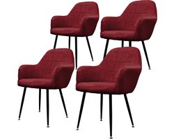 ECD Germany Set van 4 Eetkamerstoelen Eetkamerstoel met rugleuning en armleuningen Bordeaux Fluwelen Zitting Metalen Poten Keukenstoelen Woonkamerstoelen Gestoffeerde Stoelen Armstoelen