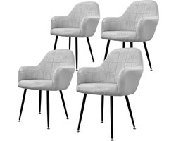 ECD Germany Set van 4 Eetkamerstoelen Eetkamerstoel met rugleuning en armleuningen Grijze Fluwelen Zitting Metalen Poten Keukenstoelen Woonkamerstoeltjes Gestoffeerde Stoeltjes Fauteuils