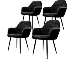 ECD Germany Set van 4 Eetkamerstoelen Eetkamerstoel met rugleuning en armleuningen Zwart Fluwelen Zitting Metalen Poten Keukenstoelen Woonkamerstoeltjes Gestoffeerde stoeltjes Fauteuils