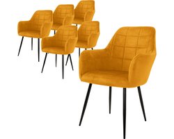 ECD Germany Set van 6 eetkamerstoelen met rugleuning en armleuningen, oker, keukenstoelen met fluwelen bekleding en metalen poten, ergonomische stoelen voor eettafel, woonkamerstoelen eetkamerstoel
