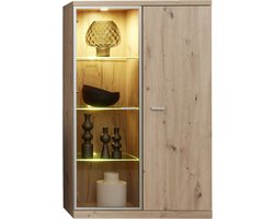 Echo vitrinekast 2 deuren, incl. verlichting eiken decor, bruin pasolglas met mat nikkel aluminium frame.