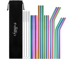 EcoFriendly’s 14x Herbruikbare Metalen Rietjes - Verschillende Maten - Duurzame Rietjes Herbruikbaar - RVS Rietjes - Ijzeren Rietjes - Geschikt voor Smoothies en Cocktails - Regenboog
