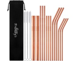 EcoFriendly’s 14x Herbruikbare Metalen Rietjes - Verschillende Maten - Duurzame Rietjes Herbruikbaar - RVS Rietjes - Ijzeren Rietjes - Geschikt voor Smoothies en Cocktails - Rosé Goud