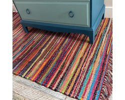 Ecologisch tapijt met veelkleurige strepen - handgeweven - 1 stuk - 60 cm x 90 cm