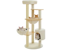 EcoPawPaw Kattenkrabpaal 135 cm - Kattenboom met Kattenhuis, 2 Hangmatten, Zacht Ligbed, Sisal Krabpalen en Speelbal - Crème