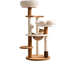 EcoPawPaw Krabpaal voor Katten – 128 cm – Met Bloemvormige Ligmand, Transparante Hangmat & Sisal Krabpalen – Beige/Bruin