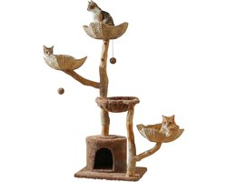 EcoPawPaw Luxe Massief Houten Krabpaal met 3 Handgeweven Manden, Kattenhuis & Hangmat – 150 cm – Voor Meerdere Katten