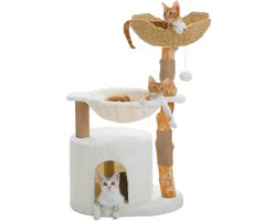 EcoPawPaw Natuurlijke Houten Kattenkrabpaal – 102 cm Kattenboom met Rotan Mand, Hangmat, Kattenhuis, Sisal Krabpalen en Zacht Pluche – Crème/Wit