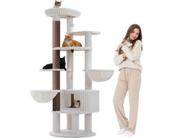EcoPawPaw XXL Krabpaal 188 cm – Voor Grote Katten & Meerdere Katten – 2 Hangmatten – Groot Kattenhuis – Dikke 8,9 cm Sisalpalen – Wit