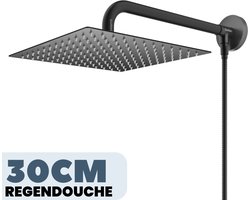 EcoRain© 30% Waterbesparende Regendouchekop Tyler 30 CM Vierkant met Douchearm en Slangaansluiting - Hoge Druk - Universele Aansluiting - Anti-kalk Douchekop - 2 jaar garantie - Zwart