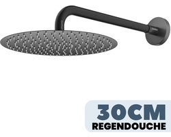 EcoRain© Waterbesparende Regendouchekop Tyler 30 CM Rond Zwart met Douchearm - 30% Waterbesparend - Hoge Druk - Betere Huid Hoofddouche - Moderne Regendouche - Waterbesparende Douchekop - Rond - Universeel Aansluiting - Anti-kalk Douchekop