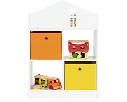 Ecotoys boekenkast met 2 mandjes - speelgoedkast 6 vakken - kinderkast wit / oranje / geel - 65.2 x 27 x 90.5 cm - vorm van een huis