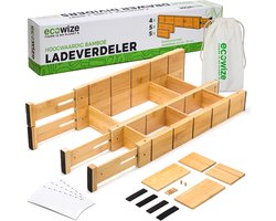 Ecowize Luxe Lade Organizer - Ladeverdeler Verstelbaar 100% Natuurlijk Bamboe - Keuken Organizers - Set van 4 Ladeverdelers, Uitschuifbaar (43cm tot 56cm) - Eenvoudig te Installeren - 100% Natuurlijk Bamboe