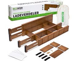Ecowize Luxe Lade Organizer - Ladeverdeler Verstelbaar 100% Natuurlijk Bamboe - Keuken Organizers - Set van 4 Ladeverdelers, Uitschuifbaar (43cm tot 56cm) - Eenvoudig te Installeren - 100% Natuurlijk Bamboe