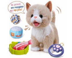 ECTEATOY® Knuffel kat - Interactieve Elektrische Pluche Kat Speelgoed - met Riem en Accessoires - Lopende & Miauwende - Kwispelt - Cadeau voor Kinderen