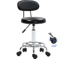 ECTEATOY® kruk op wielen - Premium Rolkruk met Rugleuning en Voetensteun - In Hoogte Verstelbaar 70-86 cm - Salon, Kantoor & Praktijk - Zwart