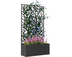 ECTEATOY® Plantenbak met Klimrek - Bloembakken voor buiten - Verhoogde Bloembak met Trellis en Decoratief Paneel - 61x23x113 cm - Metalen - Zwart