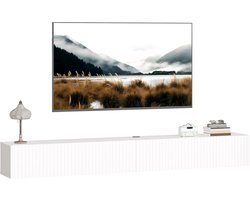 ECTEATOY® Zwevend TV-meubel - voor wandmontage - geschikt tot 72 inch - met kabeldoorvoer en 2 klepkasten - 180 x 25 x 22 cm - MDF - wit