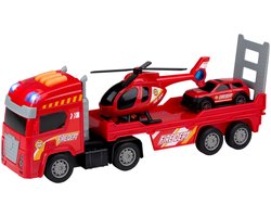 Eddy Toys Brandweerwagen Set 3 Stuks - Fire Truck Set met Oplegger, Helikopter en Brandweerauto - Speelgoed Auto, Helikopter en Brandweerauto Met Licht en Geluid - Fire Dept - Rood